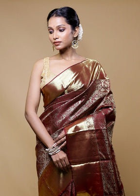 Brown Handloom Kanchipuram Pure Silk Saree With Blouse Piece