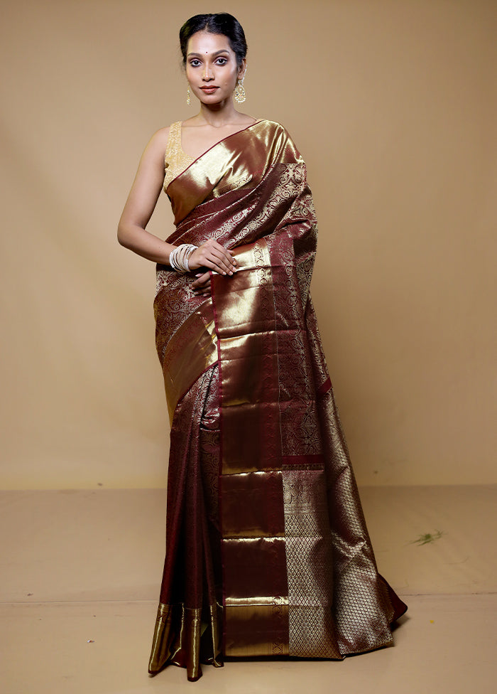 Brown Handloom Kanchipuram Pure Silk Saree With Blouse Piece