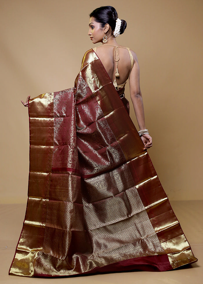 Brown Handloom Kanchipuram Pure Silk Saree With Blouse Piece