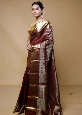 Brown Handloom Kanchipuram Pure Silk Saree With Blouse Piece