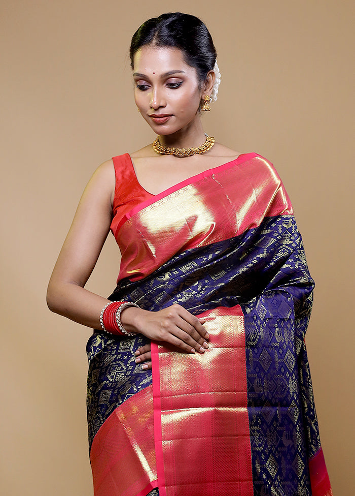 Blue Handloom Kanchipuram Pure Silk Saree With Blouse Piece