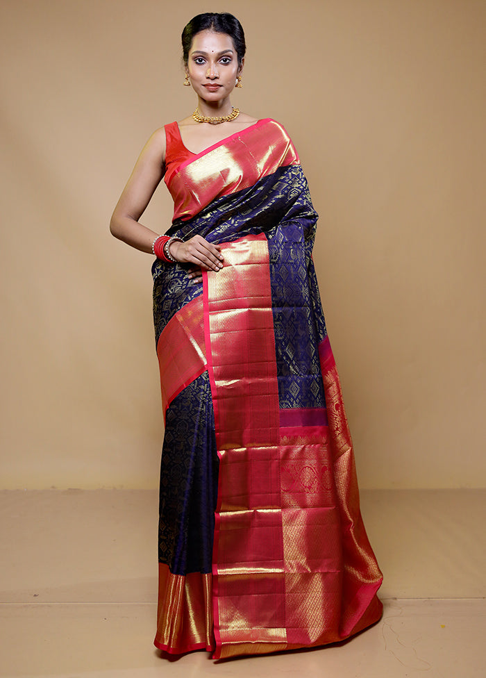 Blue Handloom Kanchipuram Pure Silk Saree With Blouse Piece