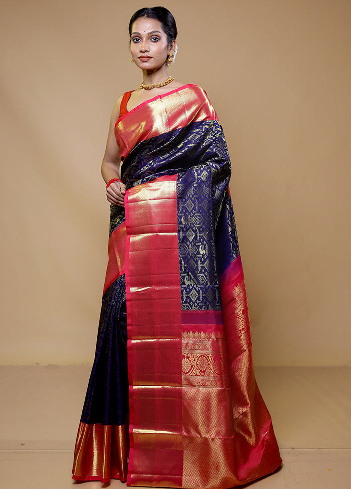 Blue Handloom Kanchipuram Pure Silk Saree With Blouse Piece