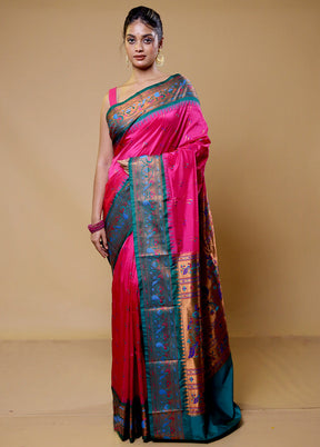 Pink Kanjivaram Silk Saree With Blouse Piece