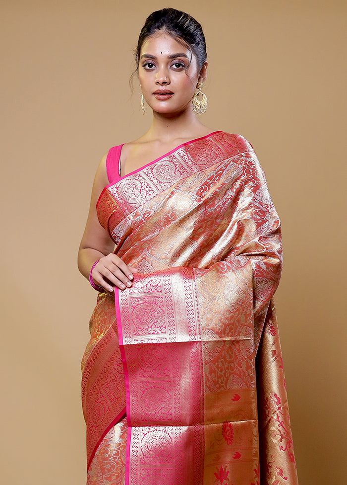 Peach Kanjivaram Silk Saree With Blouse Piece