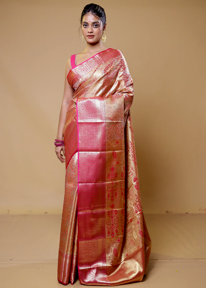 Peach Kanjivaram Silk Saree With Blouse Piece