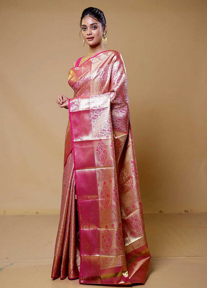 Pink Kanjivaram Silk Saree With Blouse Piece