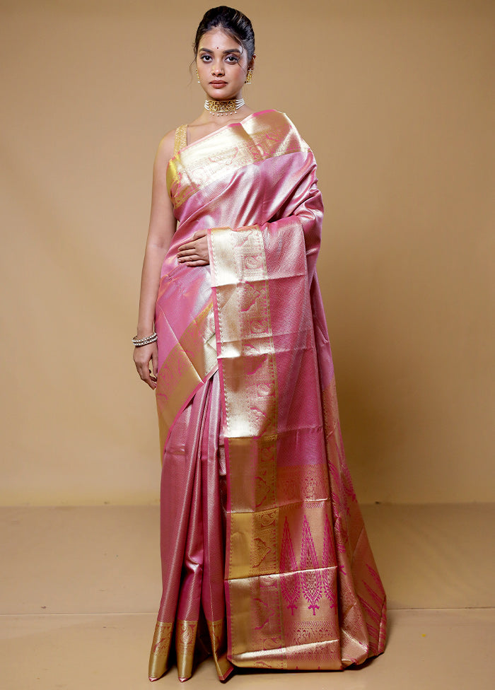 Pink Kanjivaram Silk Saree With Blouse Piece