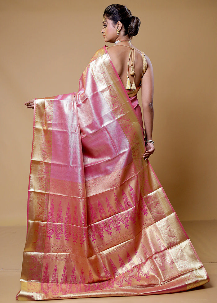 Pink Kanjivaram Silk Saree With Blouse Piece