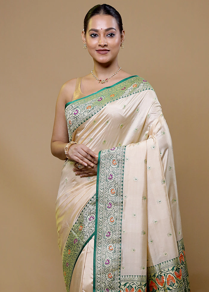 Cream Handloom Katan Pure Silk Saree With Blouse Piece