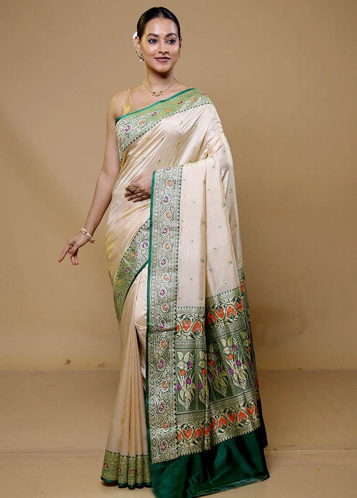 Cream Handloom Katan Pure Silk Saree With Blouse Piece