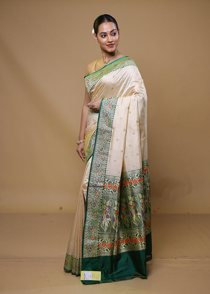 Cream Handloom Katan Pure Silk Saree With Blouse Piece