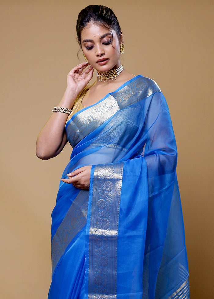 Blue Organza Saree With Blouse Piece