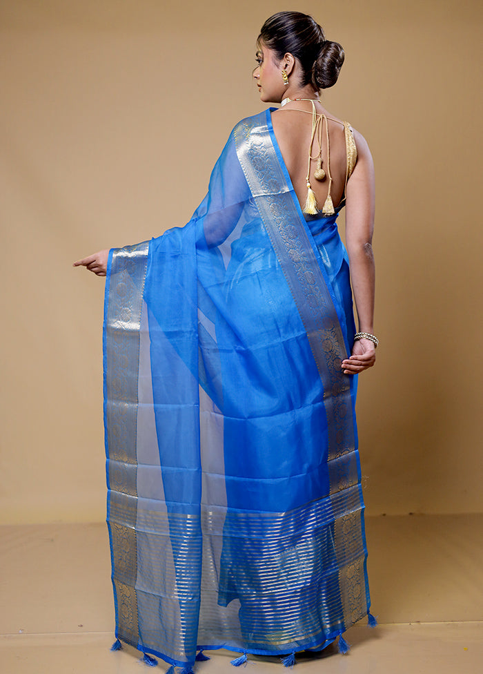 Blue Organza Saree With Blouse Piece