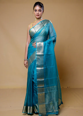 Blue Organza Saree With Blouse Piece