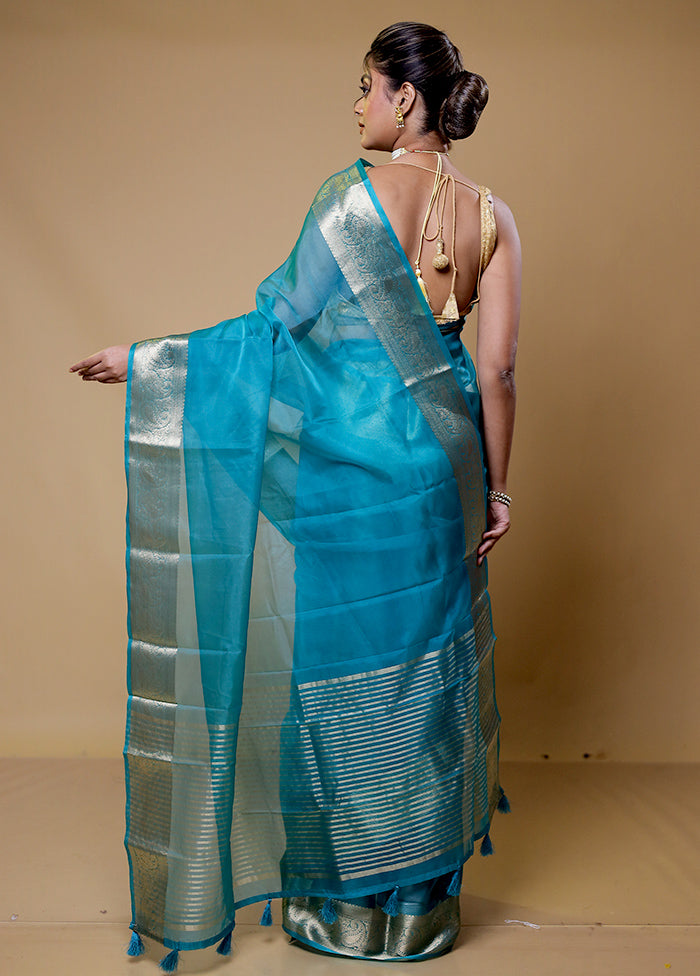 Blue Organza Saree With Blouse Piece