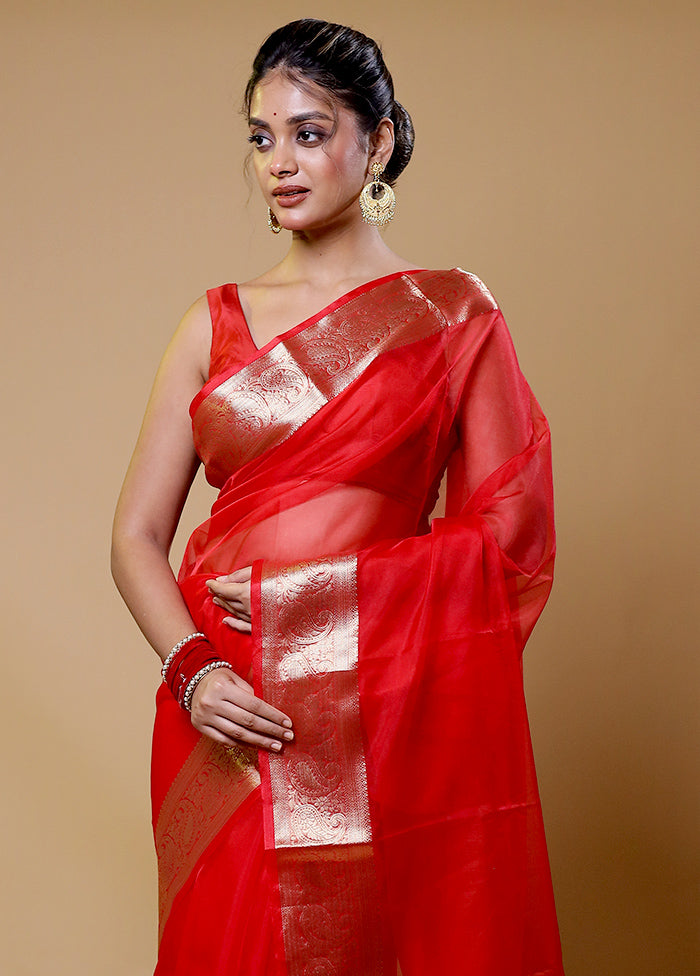 Red Organza Saree With Blouse Piece