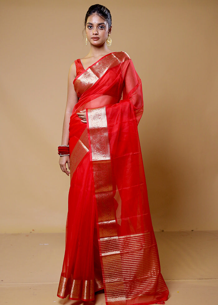 Red Organza Saree With Blouse Piece