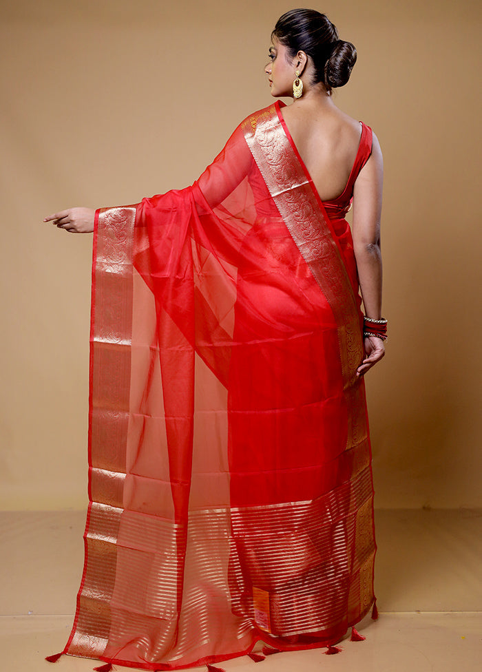 Red Organza Saree With Blouse Piece