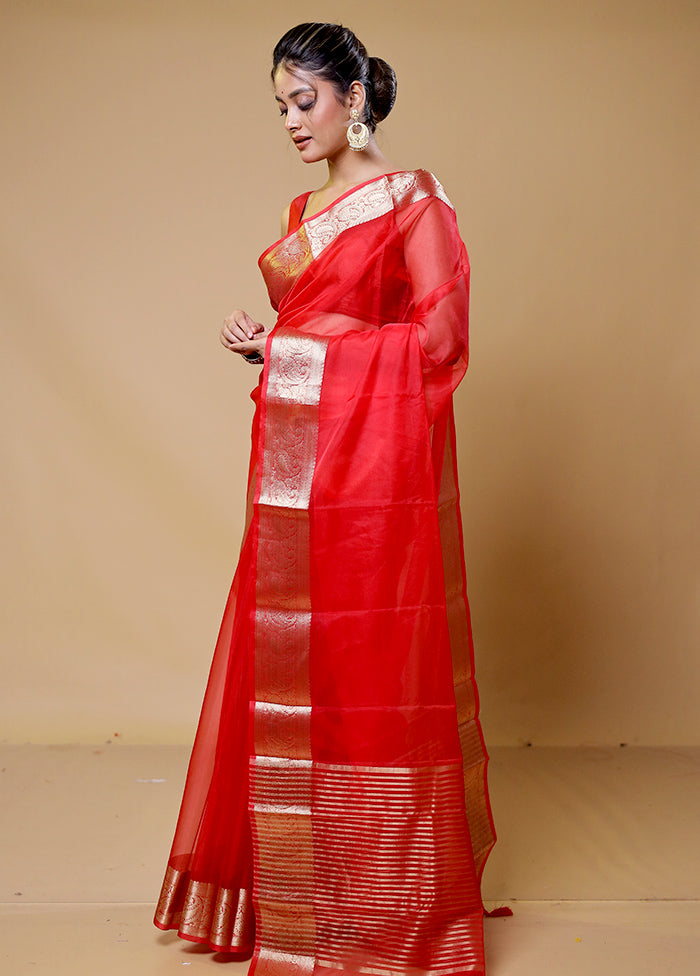 Red Organza Saree With Blouse Piece