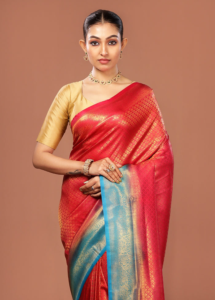 Red Dupion Silk Saree With Blouse Piece