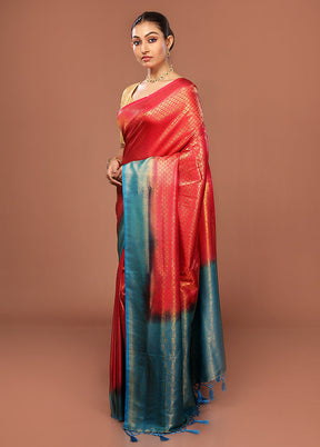 Red Dupion Silk Saree With Blouse Piece