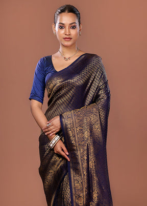 Blue Dupion Silk Saree With Blouse Piece