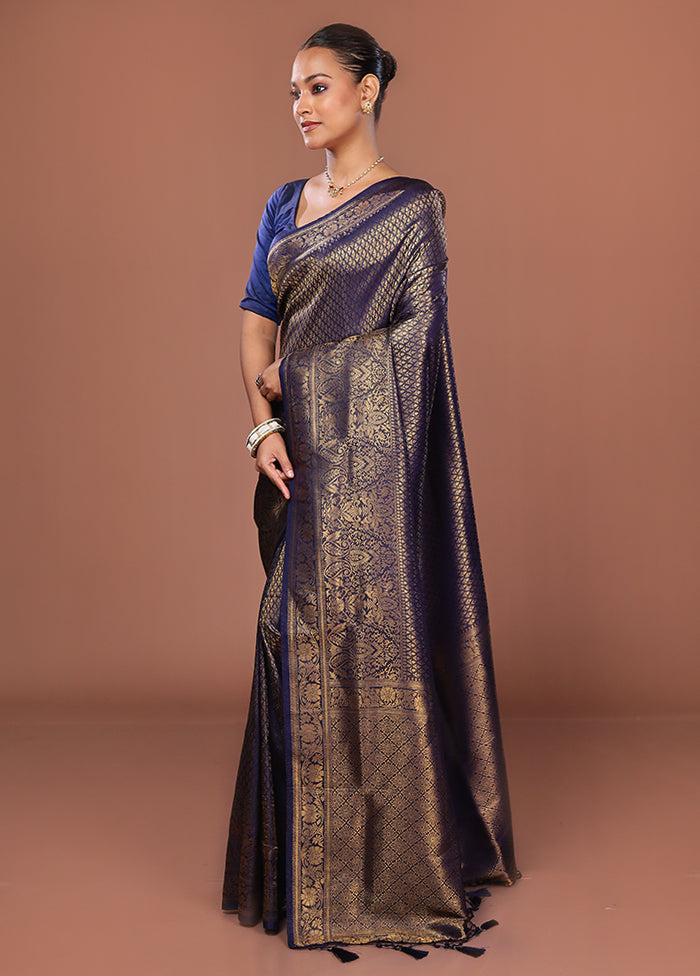 Blue Dupion Silk Saree With Blouse Piece