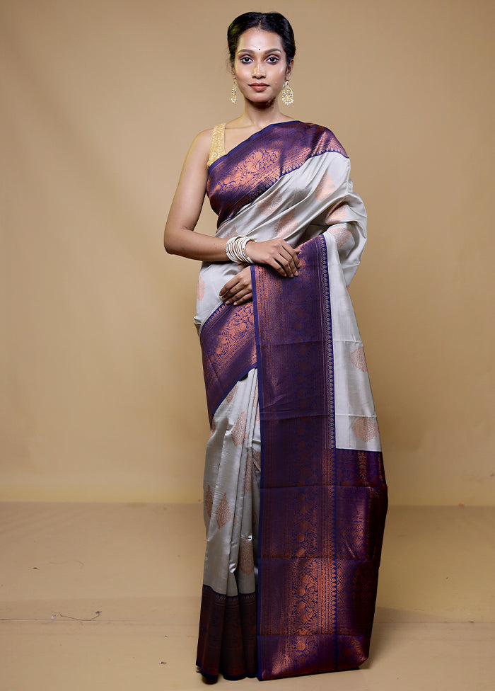 Grey Kanjivaram Silk Saree With Blouse Piece