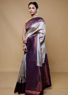 Grey Kanjivaram Silk Saree With Blouse Piece