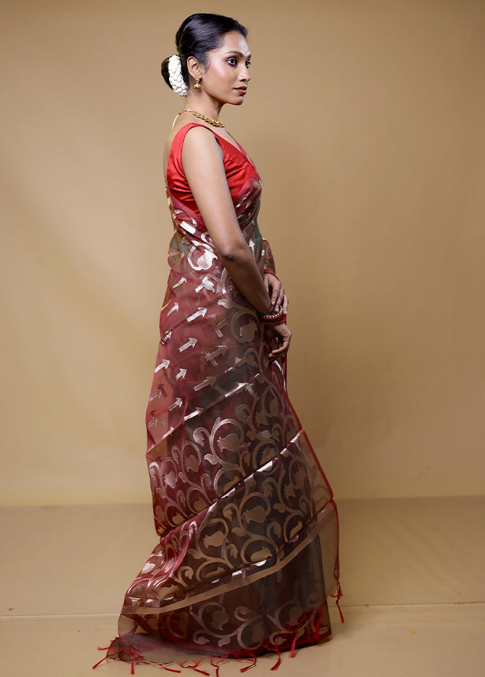 Maroon Organza Saree With Blouse Piece