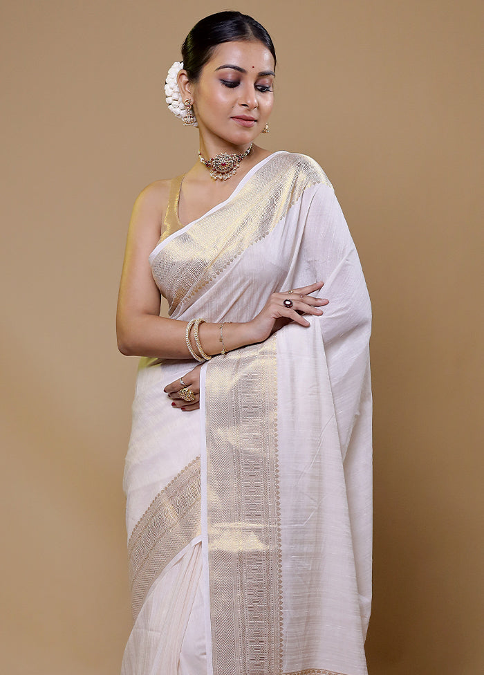 White Dupion Silk Saree With Blouse Piece