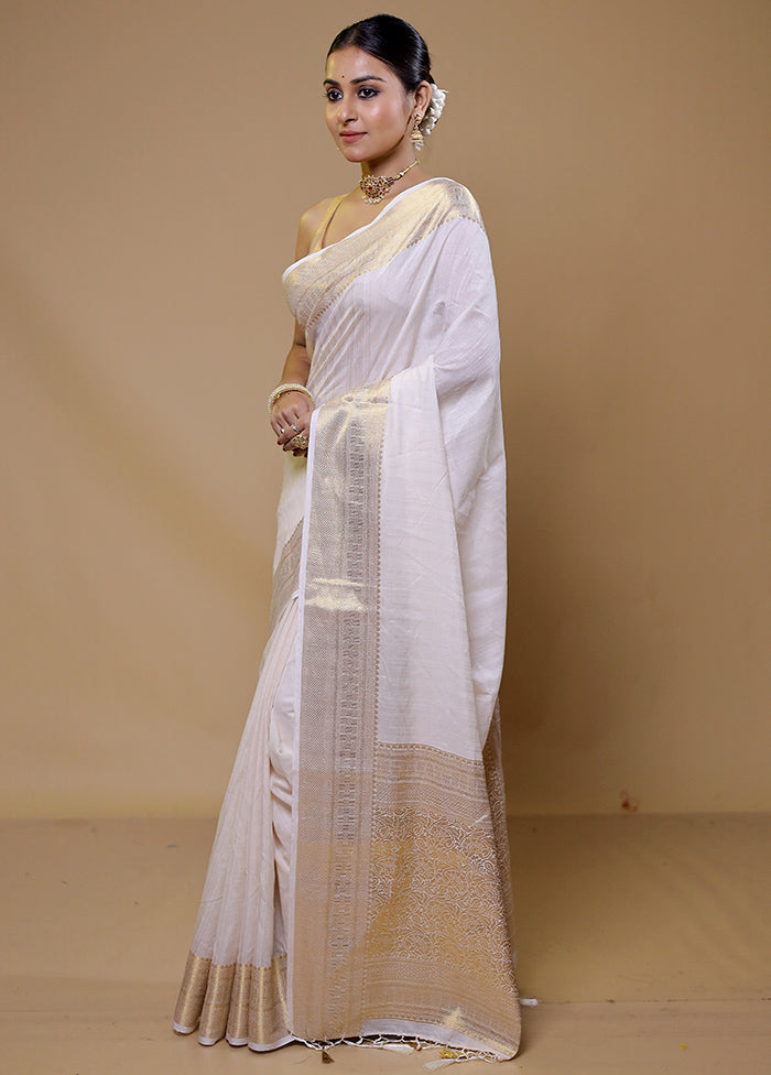 White Dupion Silk Saree With Blouse Piece