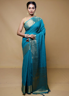 Blue Dupion Silk Saree With Blouse Piece