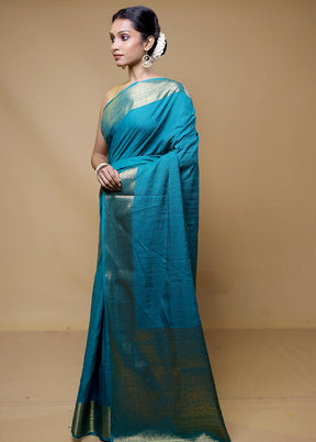 Blue Dupion Silk Saree With Blouse Piece