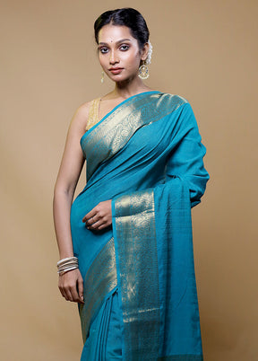 Blue Dupion Silk Saree With Blouse Piece