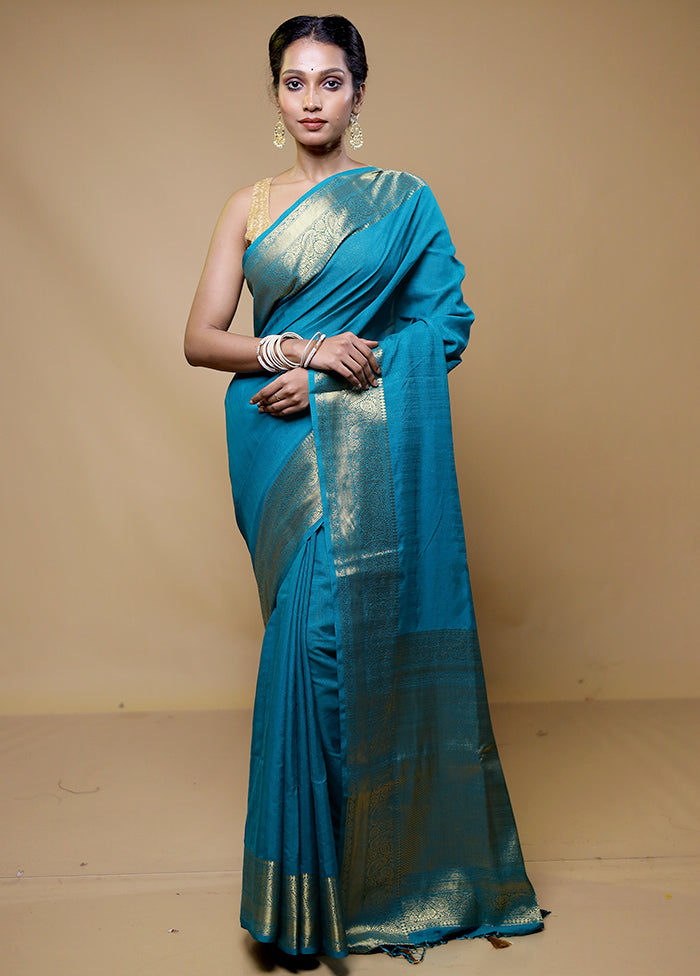 Blue Dupion Silk Saree With Blouse Piece