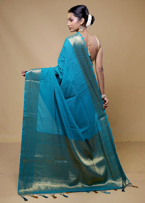 Blue Dupion Silk Saree With Blouse Piece