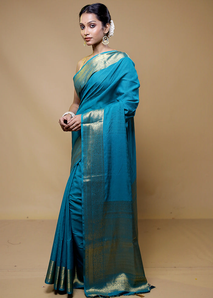 Blue Dupion Silk Saree With Blouse Piece