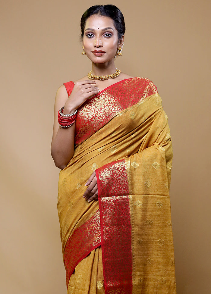 Yellow Dupion Silk Saree With Blouse Piece