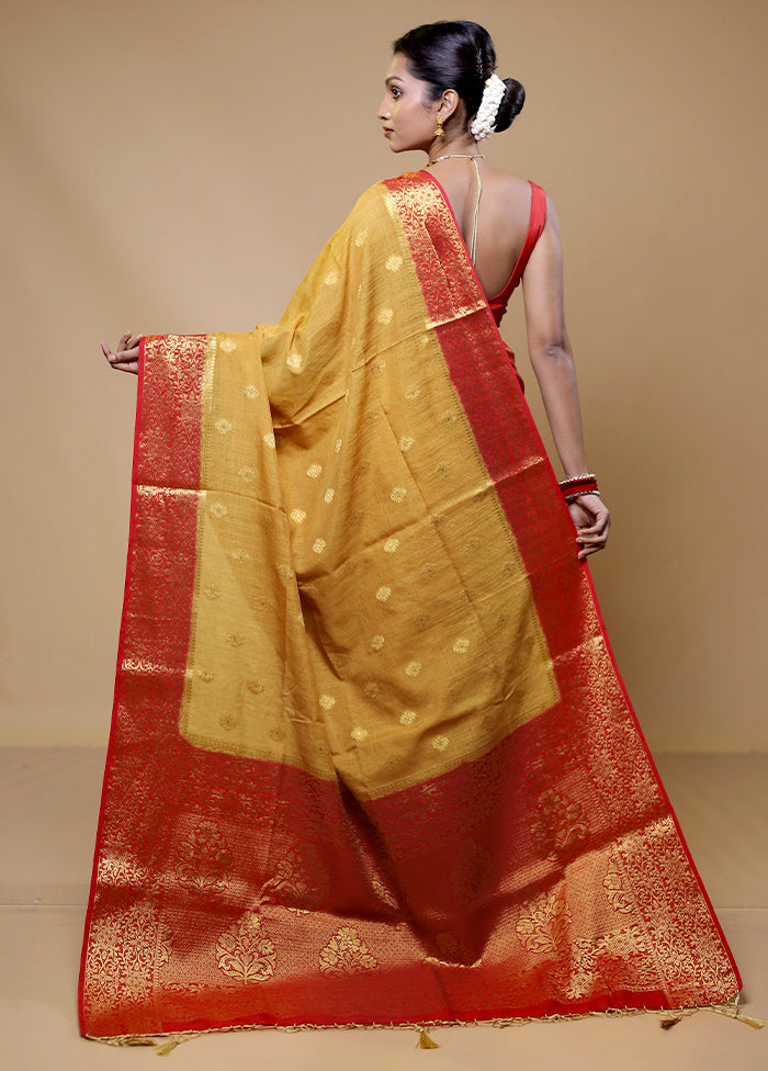 Yellow Dupion Silk Saree With Blouse Piece