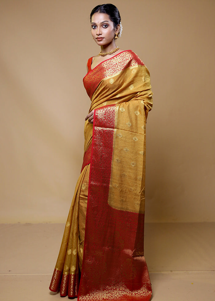 Yellow Dupion Silk Saree With Blouse Piece