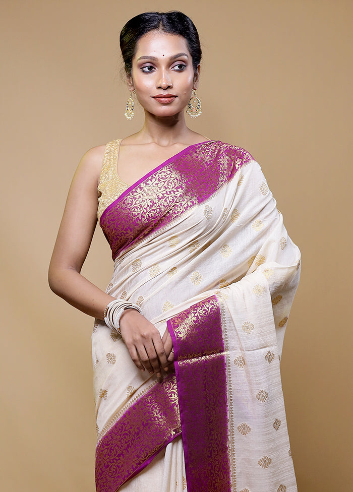 White Dupion Silk Saree With Blouse Piece