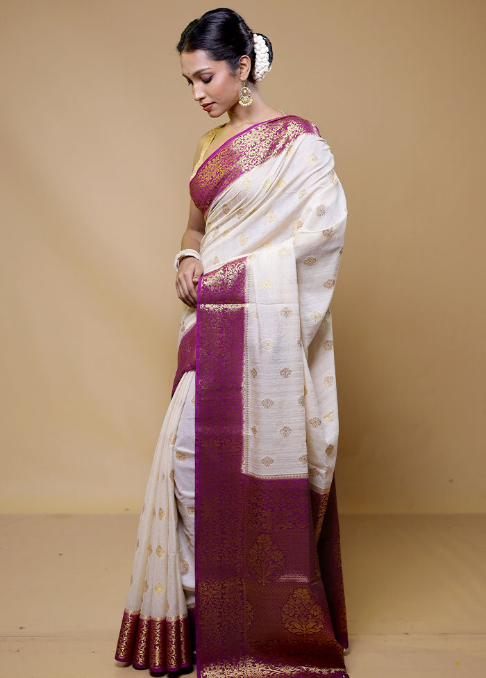 White Dupion Silk Saree With Blouse Piece