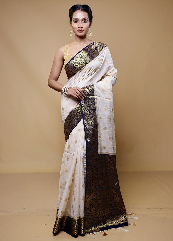 White Dupion Silk Saree With Blouse Piece