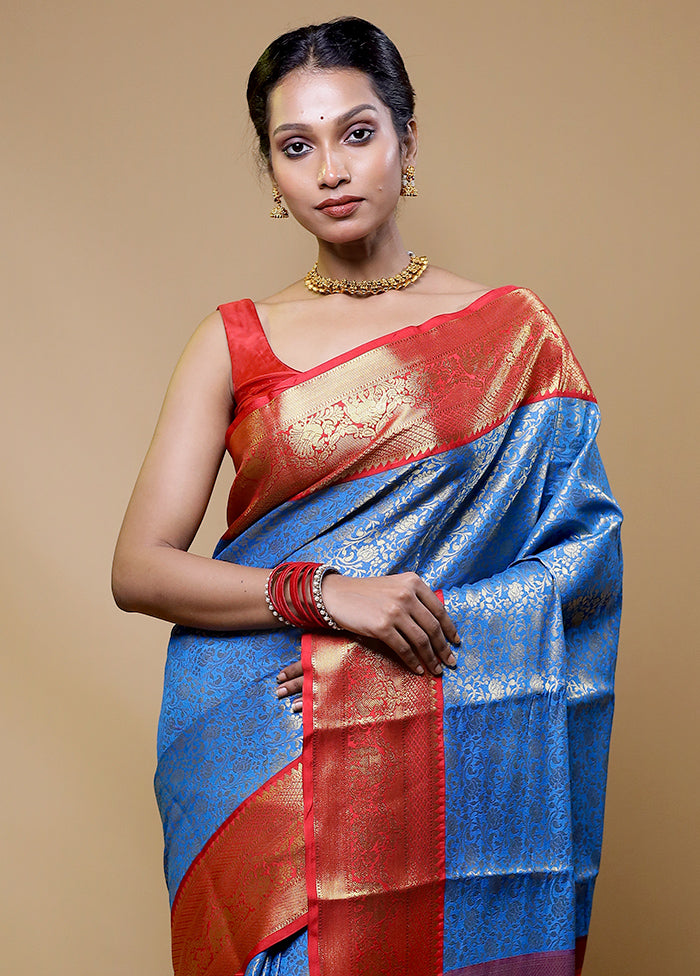 Blue Kanjivaram Silk Saree With Blouse Piece