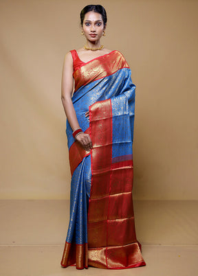 Blue Kanjivaram Silk Saree With Blouse Piece