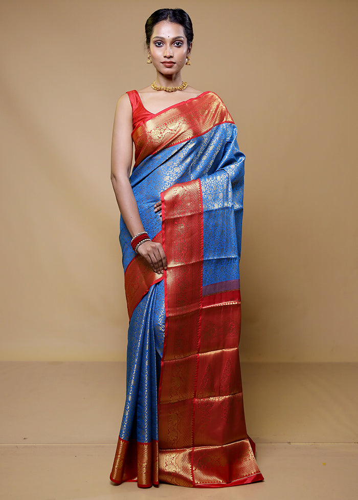 Blue Kanjivaram Silk Saree With Blouse Piece