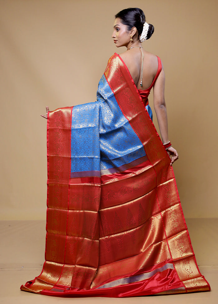 Blue Kanjivaram Silk Saree With Blouse Piece