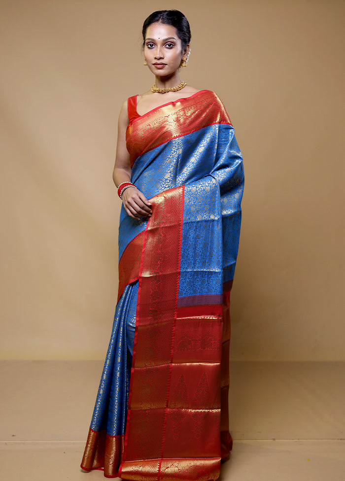 Blue Kanjivaram Silk Saree With Blouse Piece